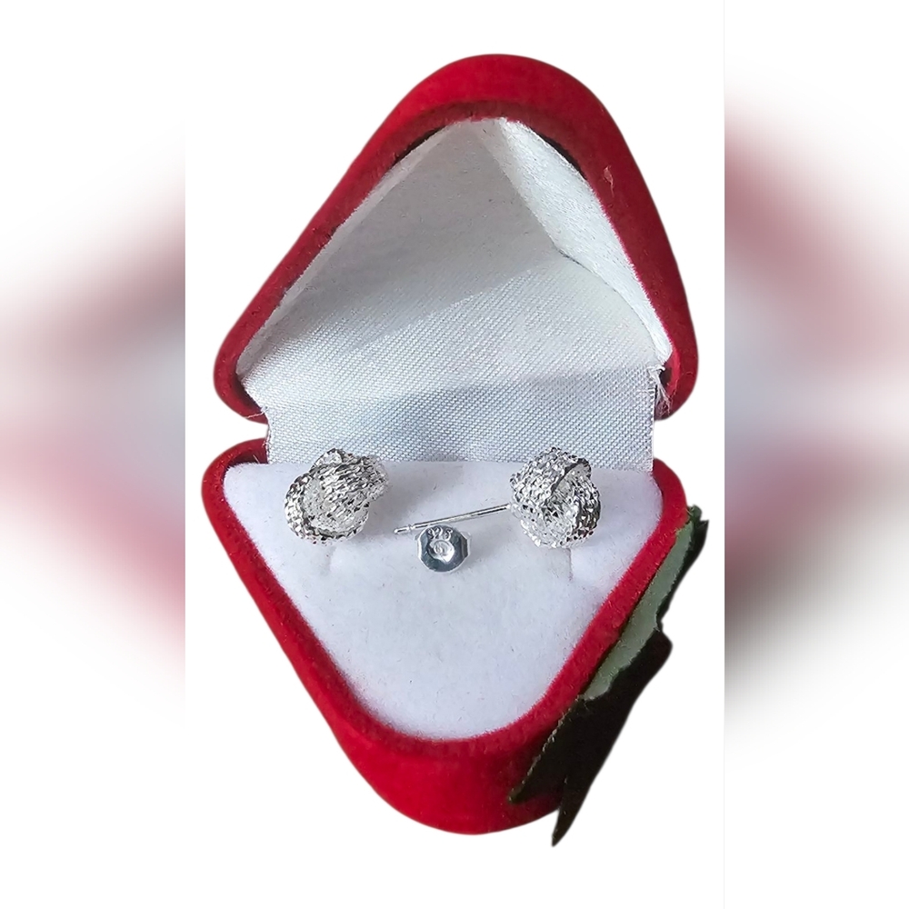 .925 Sterling Silver NEW Braided Knot Stud Earrings Comes w/ Cute Strawberry Box - Picture 2 of 7